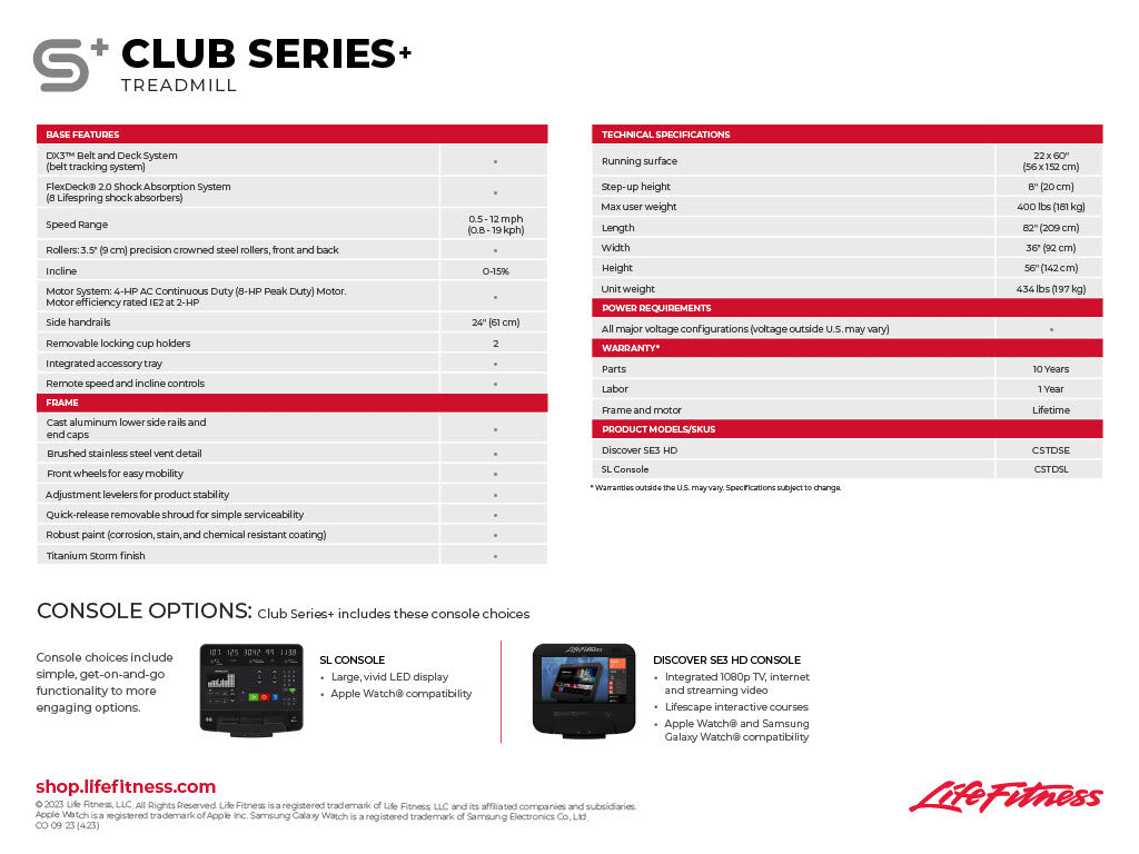 Life Fitness Club Series + Treadmill w/ SL Console - Black Life Fitness Treadmill; Residentail Commercial Frame over 350lbs CST-DSL-BLKLM_5
