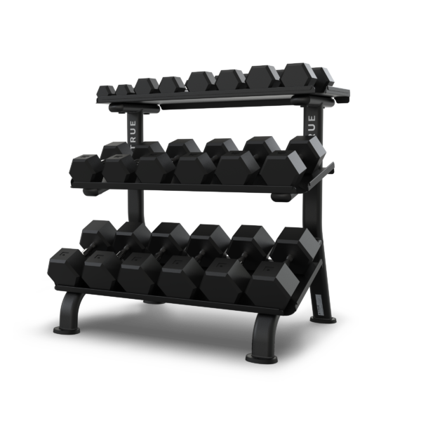 True FS-24 3-Tier Flat Tray Dumbbell Rack TRUE Dumbell racks, power block stand, plate and bar storage, kettlebell racks, ball racks FS-24-35-3-Tier-Flat-Tray-Dumbbell-Rack-with-weights-600x600