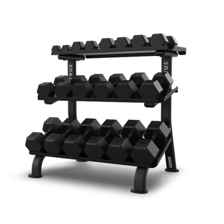 True FS-24 3-Tier Flat Tray Dumbbell Rack TRUE Dumbell racks, power block stand, plate and bar storage, kettlebell racks, ball racks FS-24-35-3-Tier-Flat-Tray-Dumbbell-Rack-with-weights-600x600