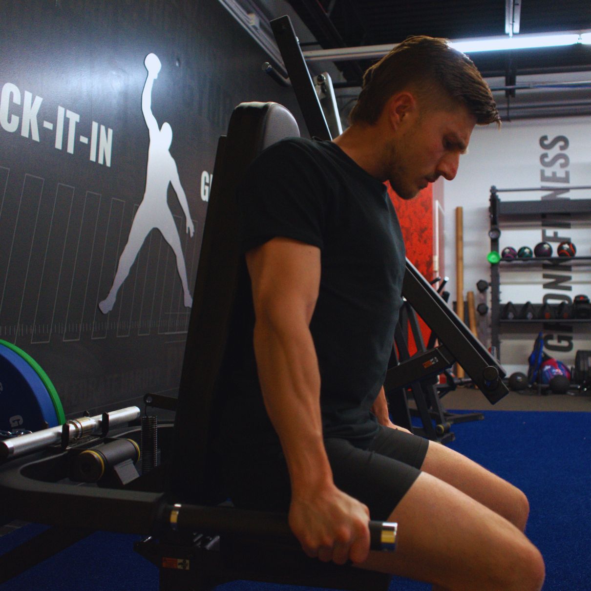 Gronk Fitness Plate Loaded Bicep / Tricep Machine - Discontinued Gronk Fitness Products Selectorized, single stack, MTS, Hammer, assembled GronkFitnessBicepTricepMachine-TricepPushdown2_1800x1800_3af8f54b-2393-42bd-bd34-d4f7f123bef0