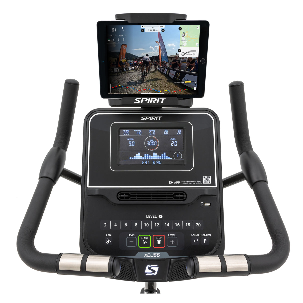 Spirit XBU55 Upright Bike - Discontinued Spirit Bike; Upright XBU55_ipad-in-the-holder_Kinomap_webready