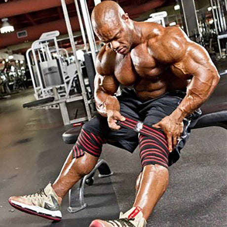 Schiek Knee Wraps - 78" Heavy Duty Schiek Wearables; gloves, elbow sleeves, knee sleeves, dip belts, vests, ankle/wrist weights Phil_Heath_Wrapping_Model_1178B_web_-500x500